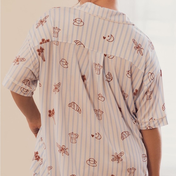 NWT Anthropologie Briar Piped Pajama Shirt Striped Blue White Red Accent Designs - Picture 5 of 11